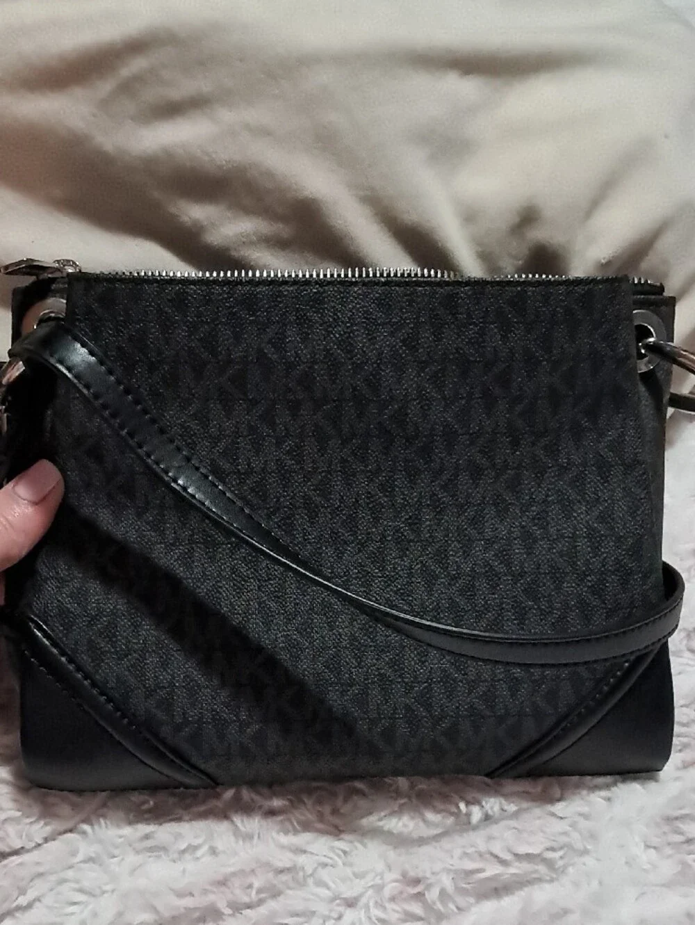 Michael Kors Black Signature MK Crossbody with Silver Hardware